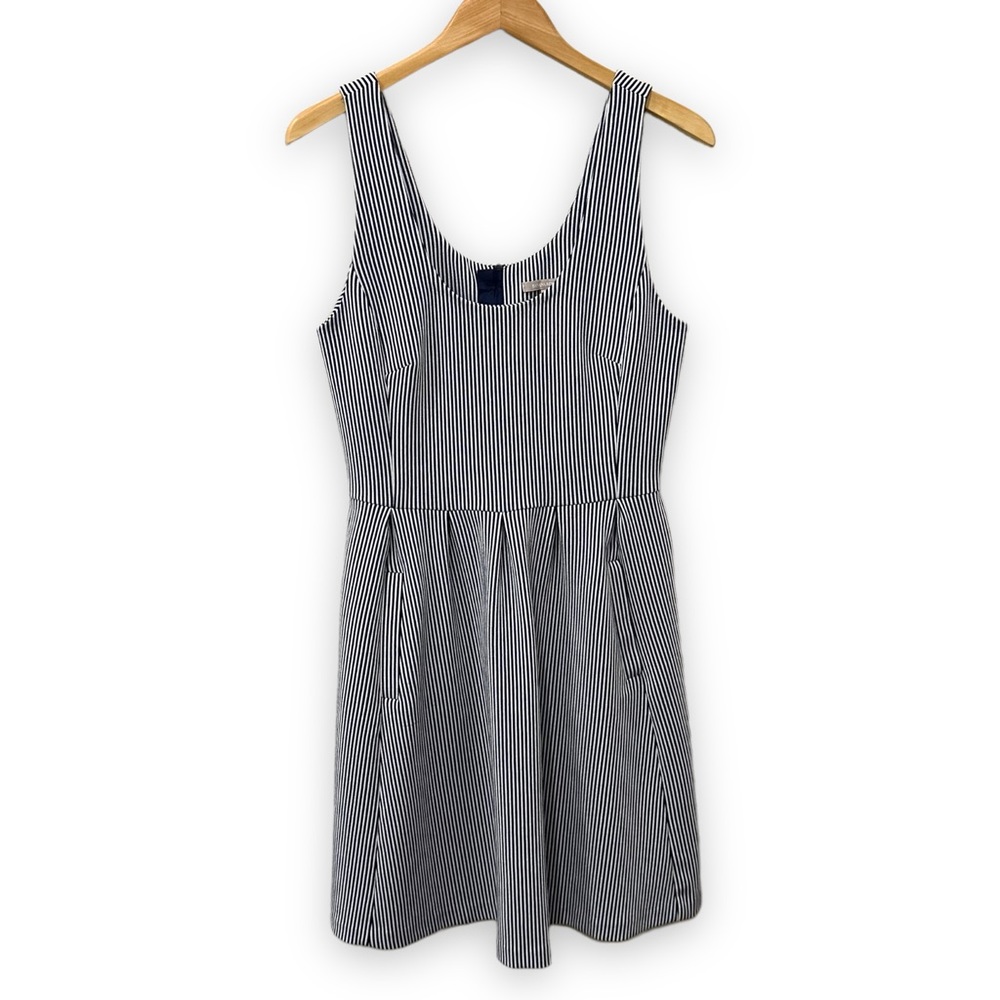 Banana Republic Dress Fit Flare Navy White Stripe Sleeveless Pockets Stretch 10